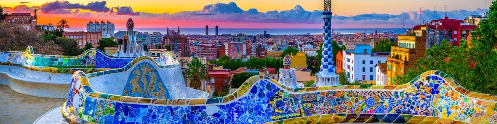 Skyline panorama of Barcelona at sunrise. Spain